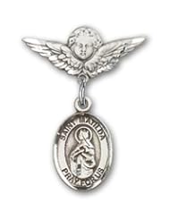 Sterling Silver Baby Badge with St. Matilda Charm and Angel with Wings Badge Pin