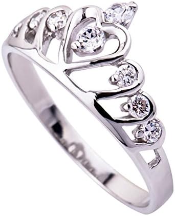 LS JEWELRY 18k White Gold Plated 925 Sterling Silver Cubic Zirconia Heart Princess Crown Ring, Size 3.5