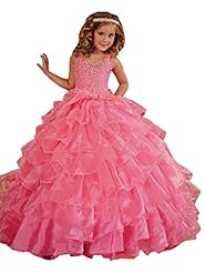 Girls Floor Length Crystal Sequined Crystals Tiered Lace  Sweetheart Organza  Ball Gown Pageant Dress 