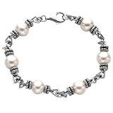 Sterling Silver Pearl Oxidized + Rhodium Plated 8mm 6-stationed Bracelet - 7.5 Inch - JewelryWeb