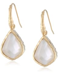 18k Gold Plated Sterling Silver Shell and Glass Doublets Hammered Teardrop Dangle Earrings