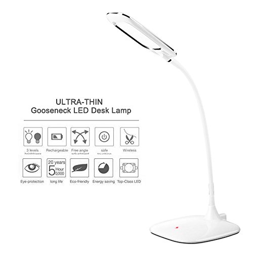 ShineMe® Ultra-thin Gooseneck LED Desk Lamp - Built-in Rechargeable Lithium Battery, Wire-free & Cordless (Portable & Mobile), Smart Touch Control Switch, 3-Level Dimmable Brightness, for Indoor & Outdoor Use, Study, Reading, Working, Relaxing, Camping, etc (White)