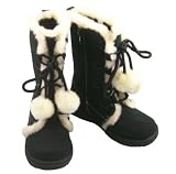 ME Girl's Pom Pom Tall Boots Faux Suede Fur Black