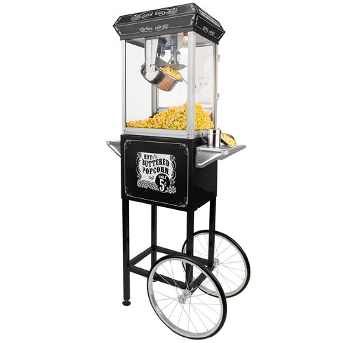 FunTime Sideshow Popper 4-Ounce Hot Oil Popcorn Machine with Cart, Black/Silver