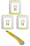 Three Yellow Ink Cartridges HP 11 XL HP11 HP11Y + Cutter for HP Printers DesignJet 500, DesignJet 510, DesignJet 800