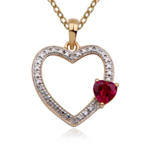 18k Yellow Gold Plated Sterling Silver Created Red and Diamond Accent Open Heart Pendant, 18"