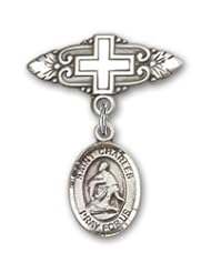 Sterling Silver Baby Badge with St. Charles Borromeo Charm and Badge Pin with Cross