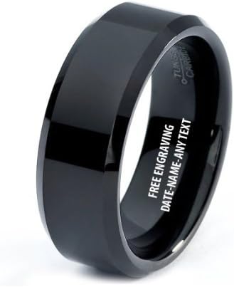 FREE ENGRAVING - 8MM Black High Polish / Black Finish Finish Men's Tungsten Ring Wedding Band