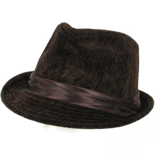 VELVETY FEDORA STINGY GANGSTER BRIM SATIN HAT * BROWN - Large / Extra Large
