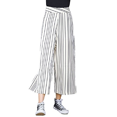 Teranos レディース ワイドパンツ ロング丈 ストライプ柄 ハイウエスト ポリエステル 春 秋 カジュアル シンプル