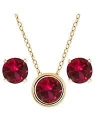 3.00 Ct 6mm Round Red Created Ruby 14K Yellow Gold Pendant Earrings Set
