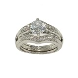 Silvertone Two Piece Fashion Ring Wedding Set with Round Solitaire and Two Row Chevron Shape Ring Guard in Genuine Cubic Zirconia