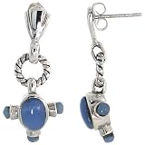 Sterling Silver Oxidized Dangling Earrings, w/ 7 x 5 Oval & Three 2.5mm Round Blue Resin, 1 1/8 (29mm) tall