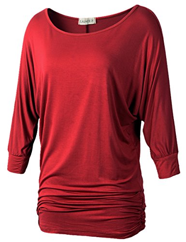 Lanmo Womens Dolman Sleeves Drape Tops Solid Side Shirring Jersey Tee(1X, Wine Red)
