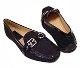 AUTHENTIC COACH STACIE BLACK SIGNATURE KHAKI LOAFERS WITH PATENT LEATHER