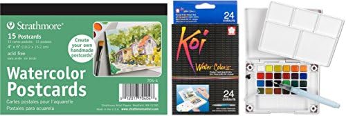 Sakura 24-Piece Koi Assorted Water Colors Field Sketch Set with Brush and Strathmore Blank Watercolor Postcards pad of 15