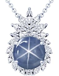 14K White Gold Oval Cut Blue Sapphire And Marquise Diamond Pendant