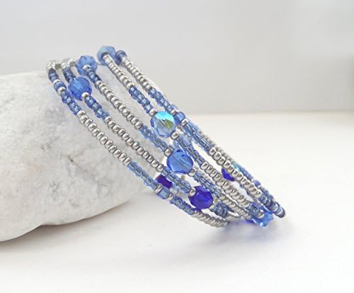 Blue Czech Glass, Grey Beaded, Silver Memory wire Bangle