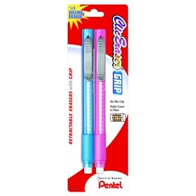 Pentel Clic Eraser Grip Retractable Eraser with Grip, Assorted Barrels, 2 Pack (ZE21TBP2M)