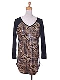 Wild Animal Cheetah Leopard Print Loose Long Black Sleeve V Neck Long Top Dress