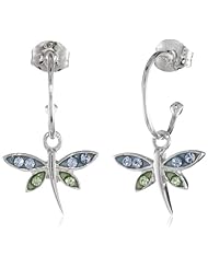 Sterling Silver and Blue and Green Crystal Dragonfly Charm Hoop Earrings (0.4" Diameter)