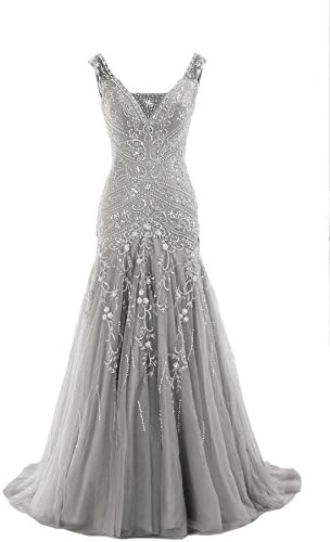 COCOMELODY Trumpet V Neck Long Beaded Prom Evening Dress Bmmc0009 Silver 8