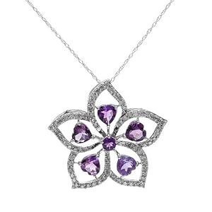 Necklace With 3.15ctw Precious Stones - Genuine Amethysts and Diamonds White Gold Length 18in