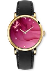 SPRAWL Aanalog Fashion Series Gold Ladies Watches of Genuine Black Leather Strap,Unique Wrist Watch for Women Girls Designed with Flowers deep pink background