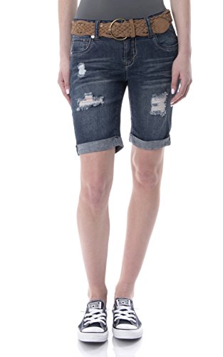 WallFlower Juniors Belted Rolled Cuff Denim Bermuda Shorts