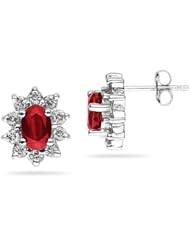 6X4mm Oval Shaped Ruby and Diamond Flower Earrings in 14k White Gold