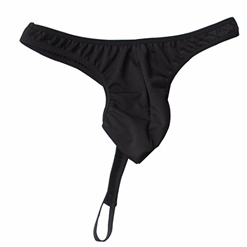 FEESHOW Men's Stretch Bulge Pouch G String Thongs with Penis Ring Blet Black One size