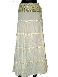 Designer Off White Cotton Women's Skirt 4 Tiers Sequin Embroidered Bellydance