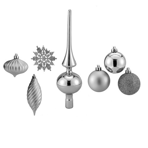 Kurt Adler 150 Piece Silver Christmas Tree Trimming Shatterproof Ornament and Tree Topper Kit Kurt Adler 150 Piece Silver Christmas Tree Trimming Shatterproof Ornament and Tree Topper Kit