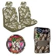 11 Piece Hawaiian Auto Interior Gift Set - Tan Hawaii Hibiscus Floral print : 2 Low Back Seat Cover, 2 Headrest Cover, Steering Wheel Cover, 2 Shoulder Harness Pressure Relief Cover, 2 Front Floor Mat and 2 Rear Floor Mat - Tan