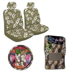 11 Piece Hawaiian Auto Interior Gift Set - Tan Hawaii Hibiscus Floral print : 2 Low Back Seat Cover, 2 Headrest Cover, Steering Wheel Cover, 2 Shoulder Harness Pressure Relief Cover, 2 Front Floor Mat and 2 Rear Floor Mat - Tan