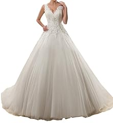 V-neck Satin/Tulle Applique Lace  Natural   Waistline  Ball Gown Wedding Dress 