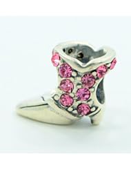 .925 Sterling Silver " Womens Cowboy Boot w/Pink CZ " Quality Charm Bead Compatible with Pandora Chamilia Kay Troll Bracelet