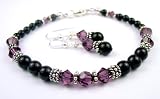 February Amethyst Birthstone Bracelets & Earrings Set: Handmade Sterling Silver Swarovski Crystal Beaded Bracelets and Beaded Earrings with Black Pearls