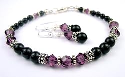 February Amethyst Damali Sterling Silver Crystal Bracelet w/ Earrings in with Black Pearls
