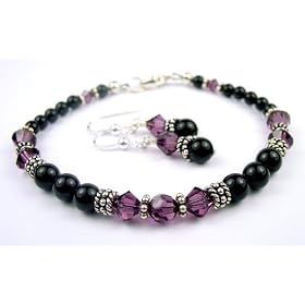 Amethyst Bracelets and Earrings Set: Handmade with Black Pearls - MEDIUM 7 1 4... by