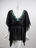 Renetta J womens fiesta black sheer gemstone neck poncho top M