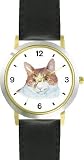 Tan and White Cat - JP - WATCHBUDDY® DELUXE TWO-TONE THEME WATCH - Arabic Numbers - Black Leather Strap-Children's Size-Small ( Boy's Size & Girl's Size )