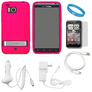Pink Soft Silicone Protective Skin Cover Case for Verizon Wireless New HTC Thunderbolt 4G / HTC Incredible HD (Model ADR6400) + Clear Screen Protector + White Rapid Travel Wall Charger with IC Chip + White Rapid Car Charger with IC Chip + Micro USB Data Cable Cord