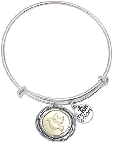My Fun Colors Inspirational Two Toned Silver Plated Adjustable Charm Bangle Bracelet (Dove)