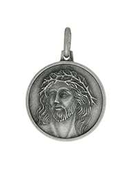 Sterling Silver Jesus with Crown of Thorns Medal, 3/4 inch Round Made in Italy, Free 24 inch Surgical Steel Chain