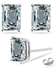 1.60 Cts of 7x5 mm AA Emerald Checker Board Aquamarine Stud Earrings in 14K White Gold