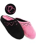 Ladies heart mule Slippers With Embroidered Hearts - Black & Hot Pink