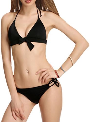 Outclub Women's Summer Sexy Halter Simple Triangle Padding Bikini Set Black S