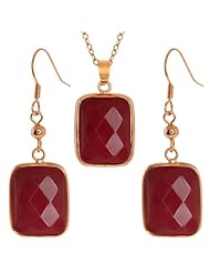 Jadelite Faceted Red Color Oblong Pendant and Earrings Set With 18" Chain
