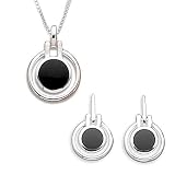Cut Out Design Round Black Onyx Earrings on French Wire and Open Design Round Black Onyx Pendant with 18 Box Chain